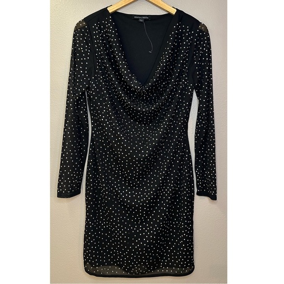 Boston Proper Metallic Bead Embellished Cowl-Neck Mesh Sheath Dress Black - Picture 3 of 10